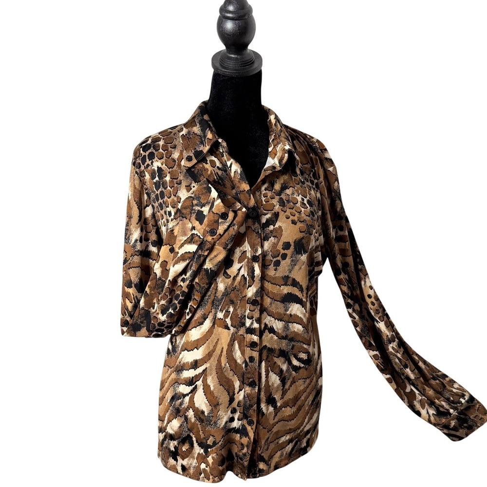 Maximalist Mob Wife Mixed Animal Print Blouse Womens 14 Safari Long Sleeve Brown